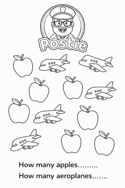 Free Counting & Colouring Worksheet β Letter A, Aeroplanes & Apples